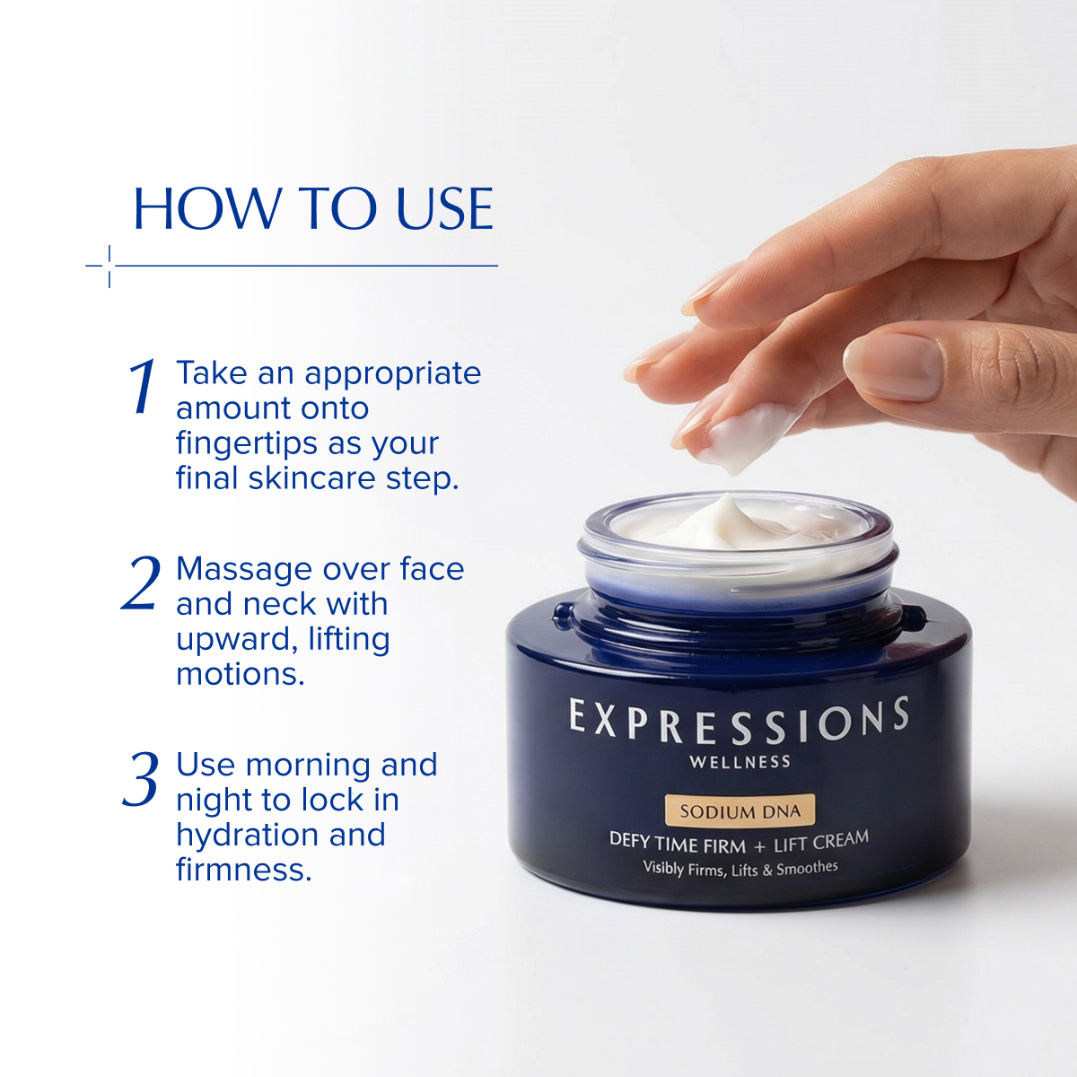 Expressions Wellness cream jar with hand applying cream and usage instructions on a white background